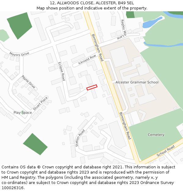 12, ALLWOODS CLOSE, ALCESTER, B49 5EL: Location map and indicative extent of plot