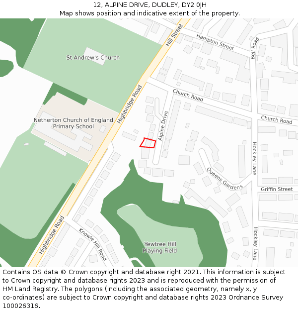 12, ALPINE DRIVE, DUDLEY, DY2 0JH: Location map and indicative extent of plot