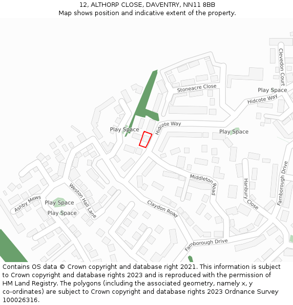 12, ALTHORP CLOSE, DAVENTRY, NN11 8BB: Location map and indicative extent of plot