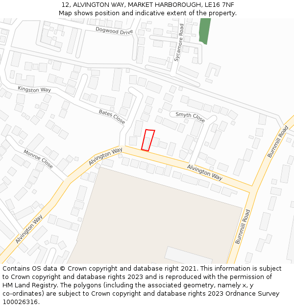 12, ALVINGTON WAY, MARKET HARBOROUGH, LE16 7NF: Location map and indicative extent of plot