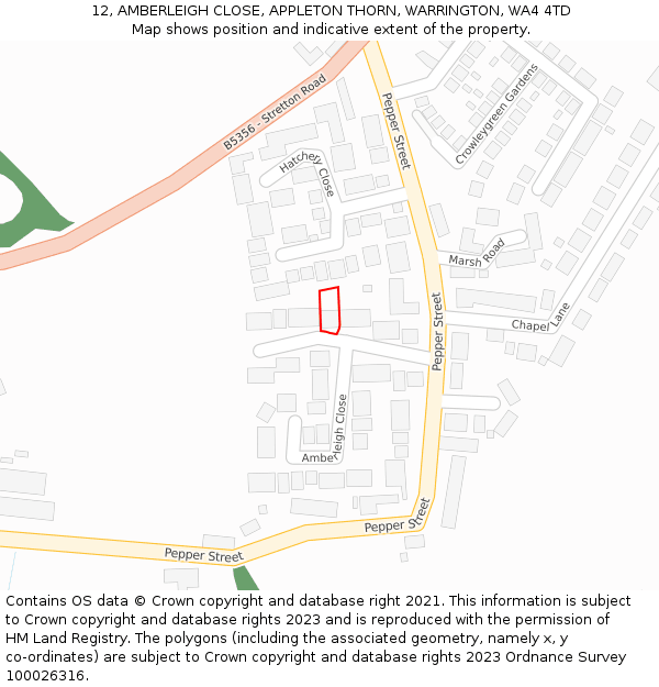 12, AMBERLEIGH CLOSE, APPLETON THORN, WARRINGTON, WA4 4TD: Location map and indicative extent of plot