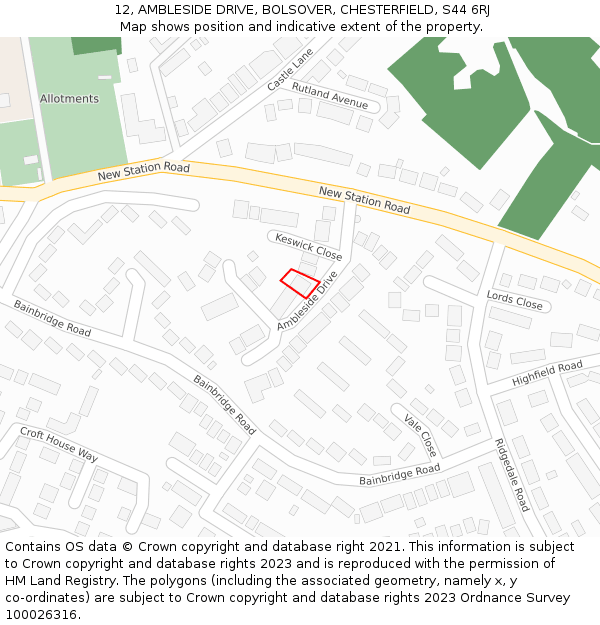 12, AMBLESIDE DRIVE, BOLSOVER, CHESTERFIELD, S44 6RJ: Location map and indicative extent of plot