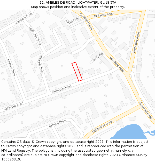 12, AMBLESIDE ROAD, LIGHTWATER, GU18 5TA: Location map and indicative extent of plot