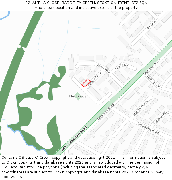 12, AMELIA CLOSE, BADDELEY GREEN, STOKE-ON-TRENT, ST2 7QN: Location map and indicative extent of plot