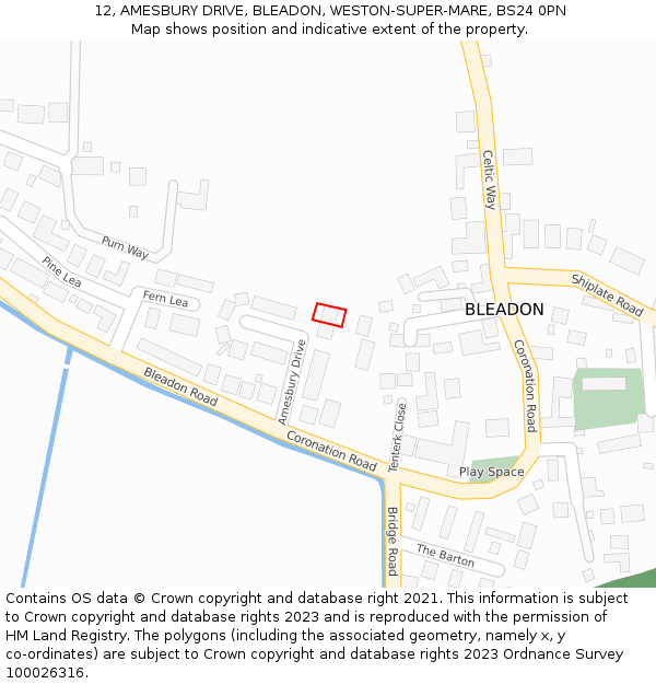 12, AMESBURY DRIVE, BLEADON, WESTON-SUPER-MARE, BS24 0PN: Location map and indicative extent of plot