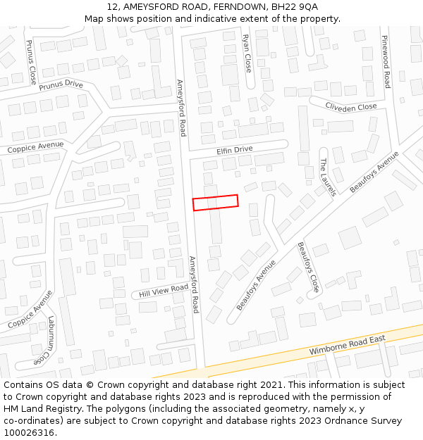 12, AMEYSFORD ROAD, FERNDOWN, BH22 9QA: Location map and indicative extent of plot