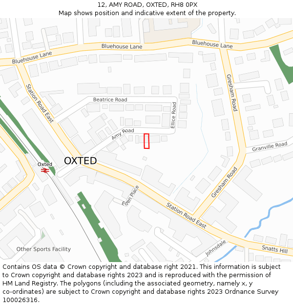 12, AMY ROAD, OXTED, RH8 0PX: Location map and indicative extent of plot