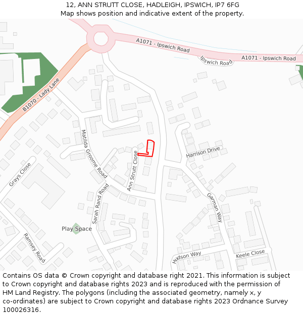 12, ANN STRUTT CLOSE, HADLEIGH, IPSWICH, IP7 6FG: Location map and indicative extent of plot