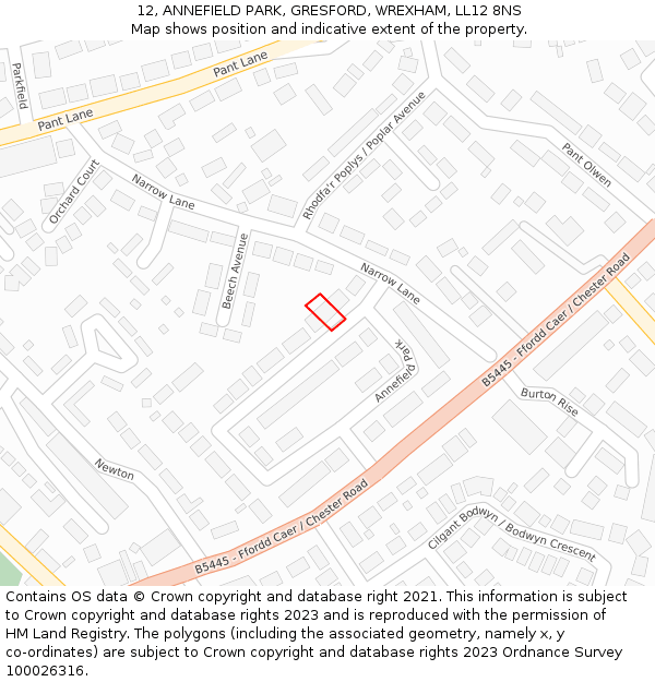 12, ANNEFIELD PARK, GRESFORD, WREXHAM, LL12 8NS: Location map and indicative extent of plot