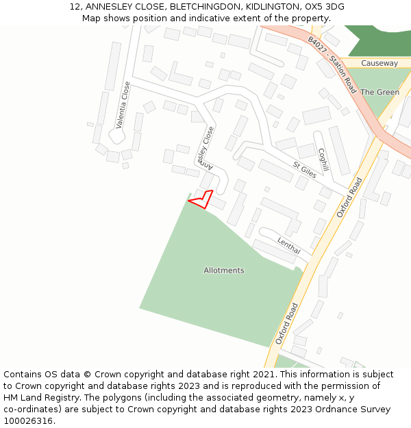 12, ANNESLEY CLOSE, BLETCHINGDON, KIDLINGTON, OX5 3DG: Location map and indicative extent of plot