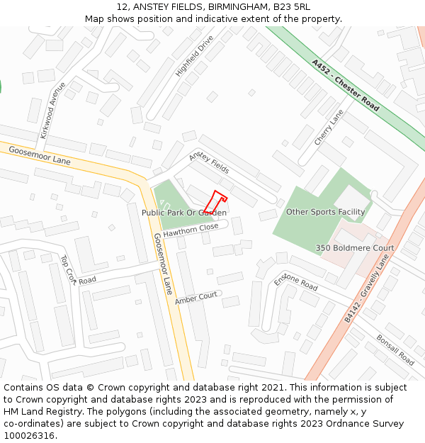 12, ANSTEY FIELDS, BIRMINGHAM, B23 5RL: Location map and indicative extent of plot