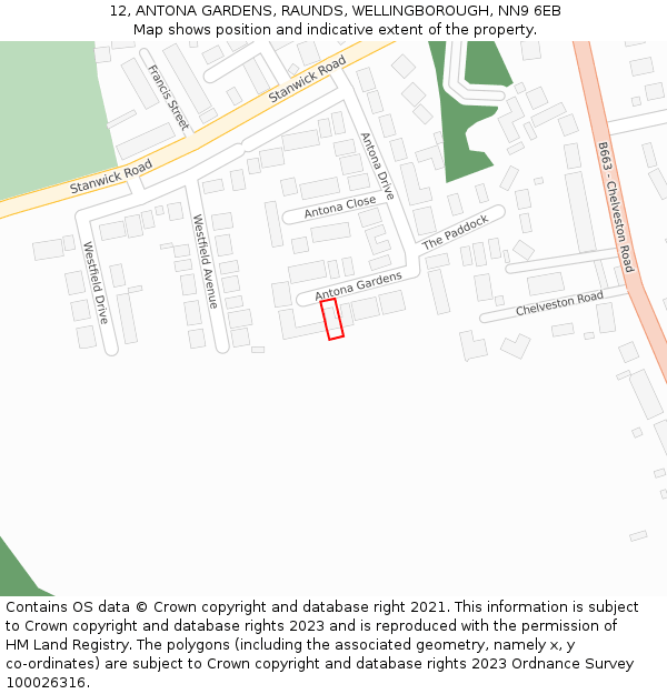 12, ANTONA GARDENS, RAUNDS, WELLINGBOROUGH, NN9 6EB: Location map and indicative extent of plot