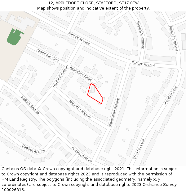 12, APPLEDORE CLOSE, STAFFORD, ST17 0EW: Location map and indicative extent of plot