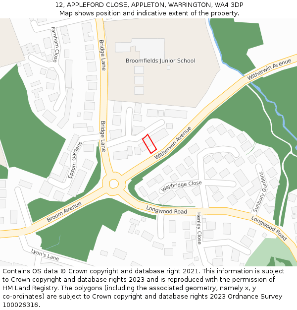 12, APPLEFORD CLOSE, APPLETON, WARRINGTON, WA4 3DP: Location map and indicative extent of plot