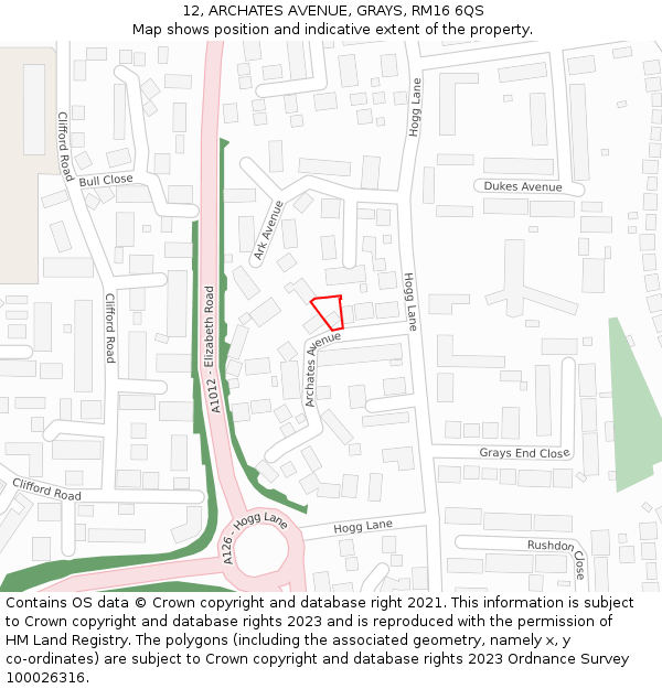 12, ARCHATES AVENUE, GRAYS, RM16 6QS: Location map and indicative extent of plot