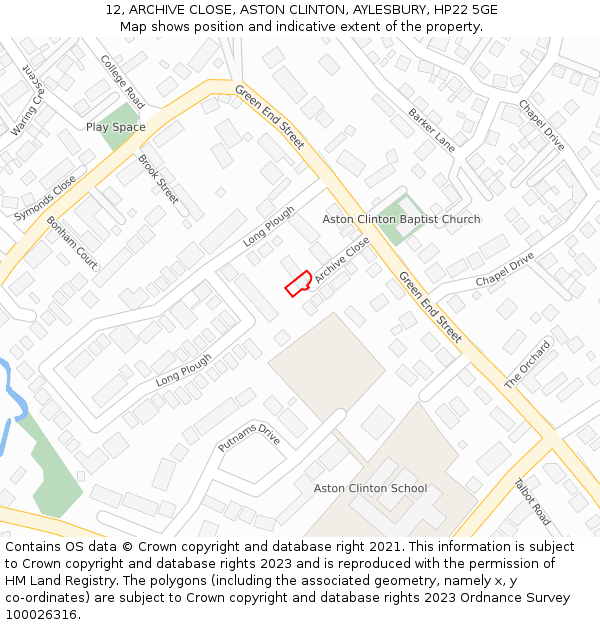 12, ARCHIVE CLOSE, ASTON CLINTON, AYLESBURY, HP22 5GE: Location map and indicative extent of plot