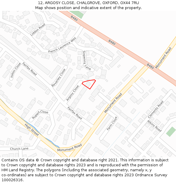 12, ARGOSY CLOSE, CHALGROVE, OXFORD, OX44 7RU: Location map and indicative extent of plot