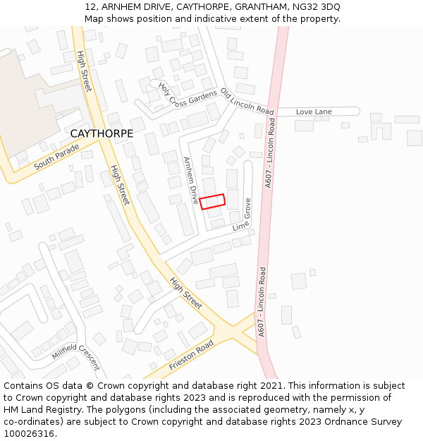 12, ARNHEM DRIVE, CAYTHORPE, GRANTHAM, NG32 3DQ: Location map and indicative extent of plot