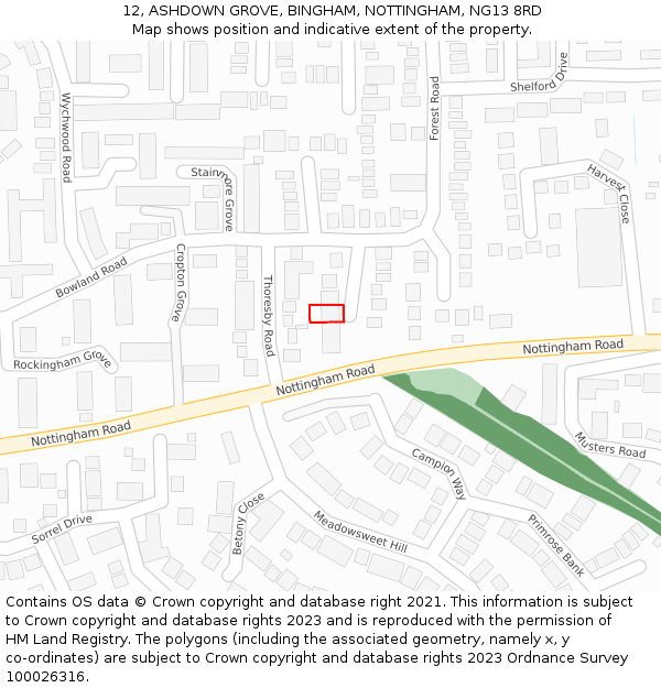 12, ASHDOWN GROVE, BINGHAM, NOTTINGHAM, NG13 8RD: Location map and indicative extent of plot