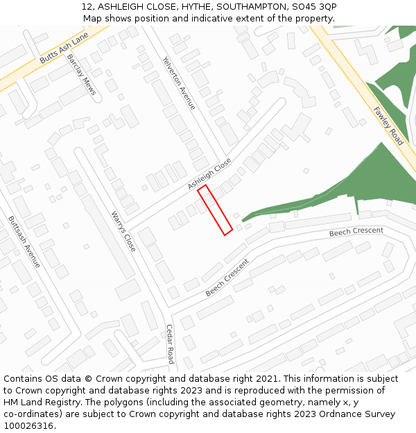 12, ASHLEIGH CLOSE, HYTHE, SOUTHAMPTON, SO45 3QP: Location map and indicative extent of plot