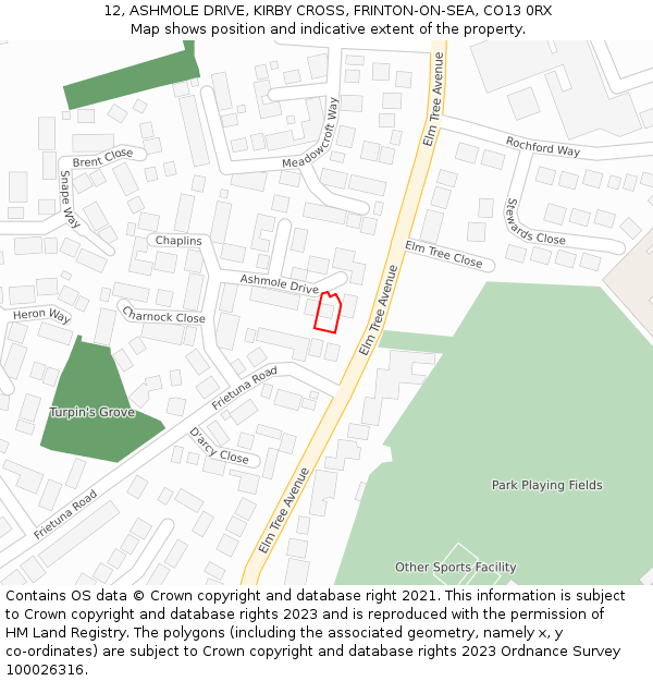 12, ASHMOLE DRIVE, KIRBY CROSS, FRINTON-ON-SEA, CO13 0RX: Location map and indicative extent of plot