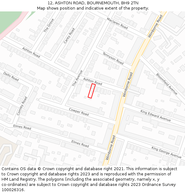 12, ASHTON ROAD, BOURNEMOUTH, BH9 2TN: Location map and indicative extent of plot