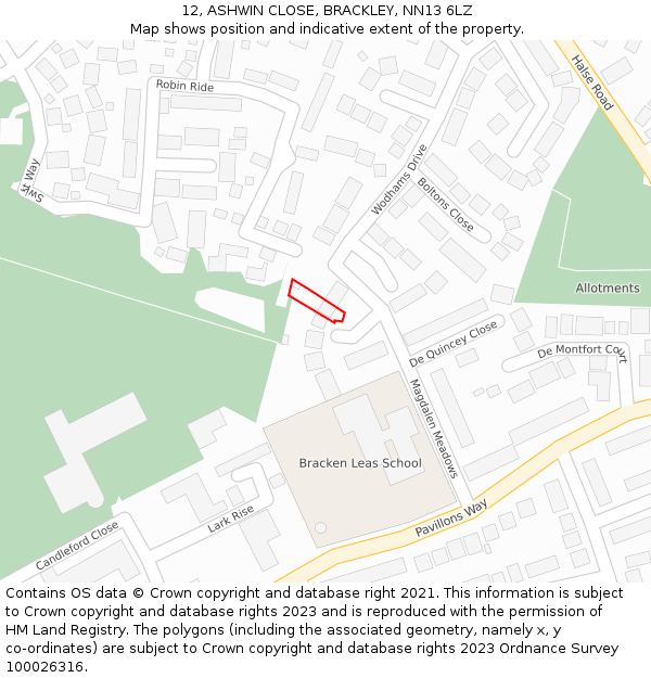 12, ASHWIN CLOSE, BRACKLEY, NN13 6LZ: Location map and indicative extent of plot