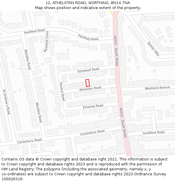 12, ATHELSTAN ROAD, WORTHING, BN14 7NA: Location map and indicative extent of plot