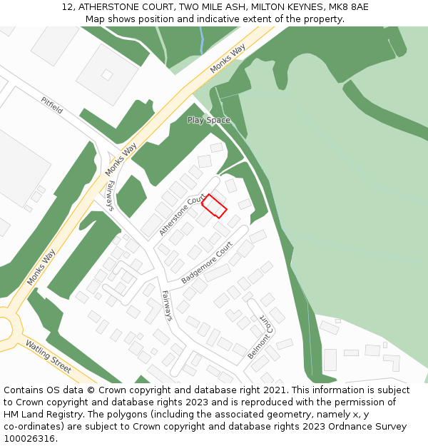 12, ATHERSTONE COURT, TWO MILE ASH, MILTON KEYNES, MK8 8AE: Location map and indicative extent of plot