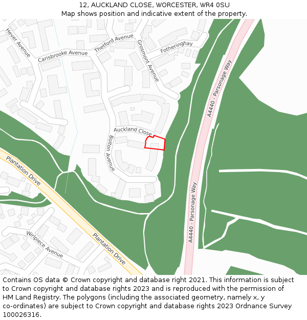 12, AUCKLAND CLOSE, WORCESTER, WR4 0SU: Location map and indicative extent of plot