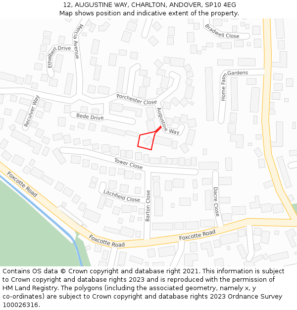 12, AUGUSTINE WAY, CHARLTON, ANDOVER, SP10 4EG: Location map and indicative extent of plot