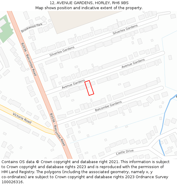 12, AVENUE GARDENS, HORLEY, RH6 9BS: Location map and indicative extent of plot