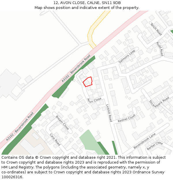 12, AVON CLOSE, CALNE, SN11 9DB: Location map and indicative extent of plot