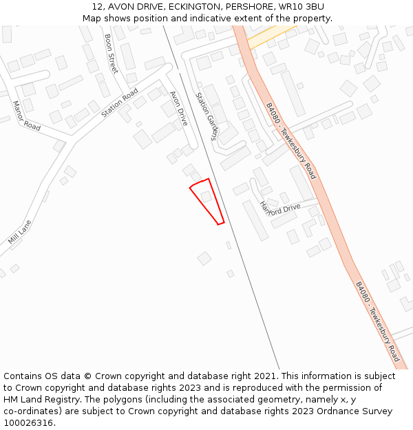 12, AVON DRIVE, ECKINGTON, PERSHORE, WR10 3BU: Location map and indicative extent of plot