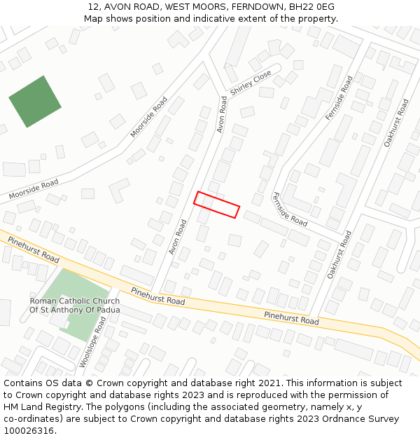 12, AVON ROAD, WEST MOORS, FERNDOWN, BH22 0EG: Location map and indicative extent of plot