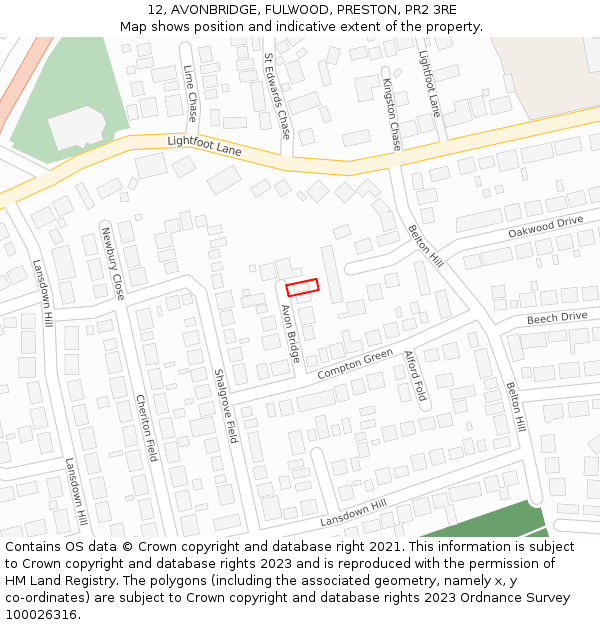 12, AVONBRIDGE, FULWOOD, PRESTON, PR2 3RE: Location map and indicative extent of plot