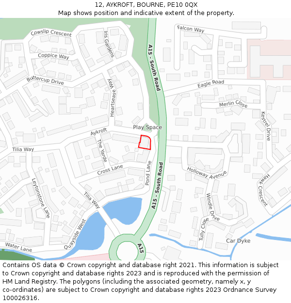 12, AYKROFT, BOURNE, PE10 0QX: Location map and indicative extent of plot