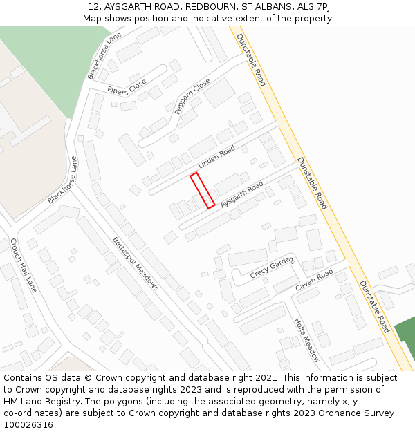 12, AYSGARTH ROAD, REDBOURN, ST ALBANS, AL3 7PJ: Location map and indicative extent of plot