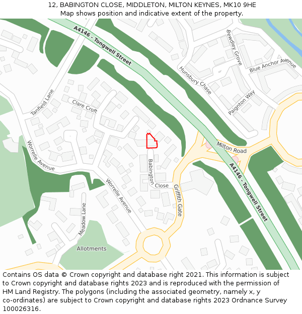 12, BABINGTON CLOSE, MIDDLETON, MILTON KEYNES, MK10 9HE: Location map and indicative extent of plot