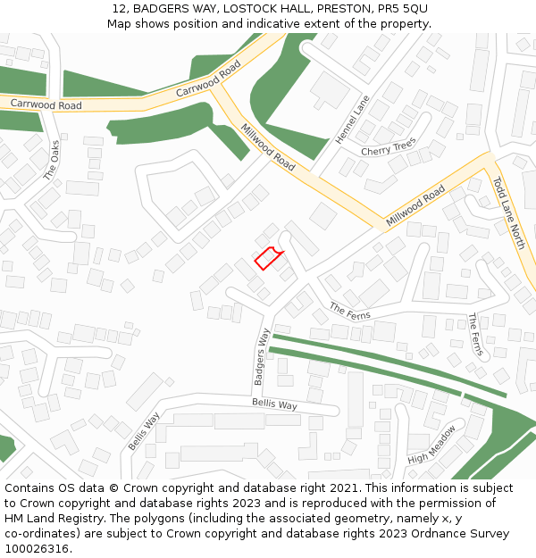 12, BADGERS WAY, LOSTOCK HALL, PRESTON, PR5 5QU: Location map and indicative extent of plot