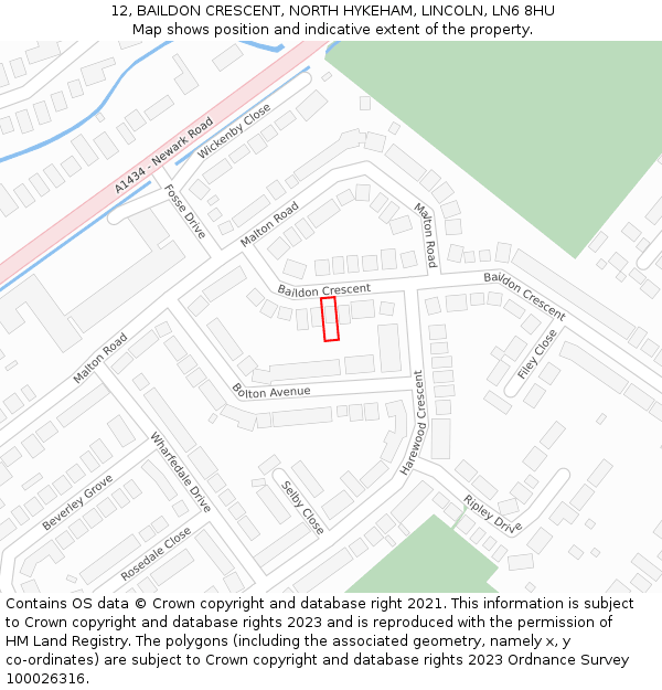 12, BAILDON CRESCENT, NORTH HYKEHAM, LINCOLN, LN6 8HU: Location map and indicative extent of plot