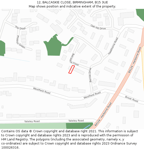 12, BALCASKIE CLOSE, BIRMINGHAM, B15 3UE: Location map and indicative extent of plot