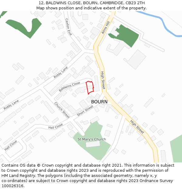 12, BALDWINS CLOSE, BOURN, CAMBRIDGE, CB23 2TH: Location map and indicative extent of plot