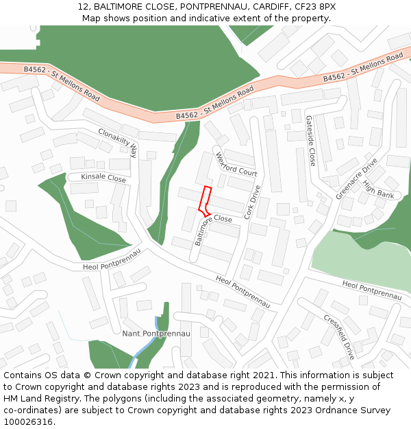 12, BALTIMORE CLOSE, PONTPRENNAU, CARDIFF, CF23 8PX: Location map and indicative extent of plot