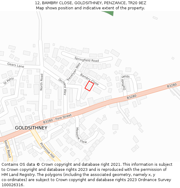 12, BAMBRY CLOSE, GOLDSITHNEY, PENZANCE, TR20 9EZ: Location map and indicative extent of plot