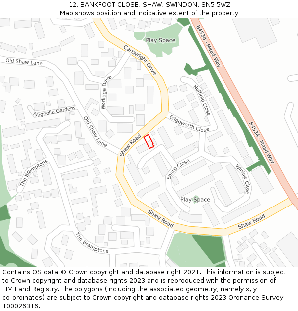 12, BANKFOOT CLOSE, SHAW, SWINDON, SN5 5WZ: Location map and indicative extent of plot