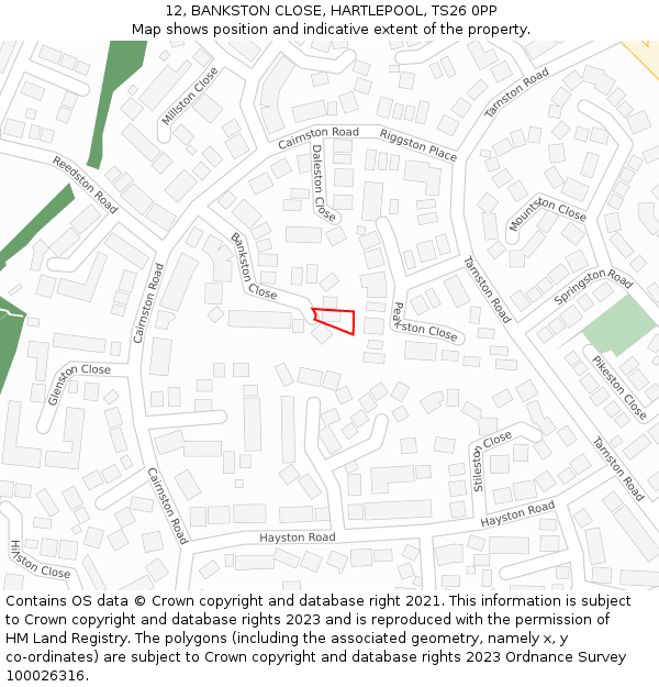 12, BANKSTON CLOSE, HARTLEPOOL, TS26 0PP: Location map and indicative extent of plot