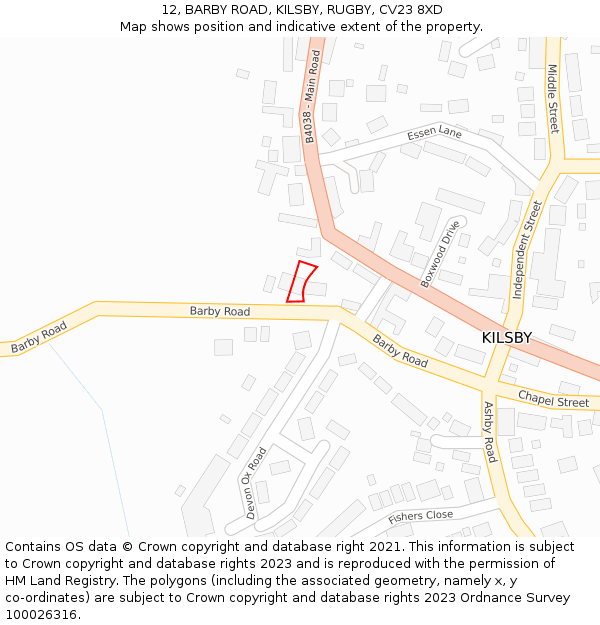 12, BARBY ROAD, KILSBY, RUGBY, CV23 8XD: Location map and indicative extent of plot