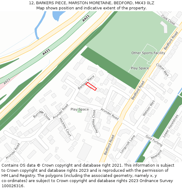 12, BARKERS PIECE, MARSTON MORETAINE, BEDFORD, MK43 0LZ: Location map and indicative extent of plot