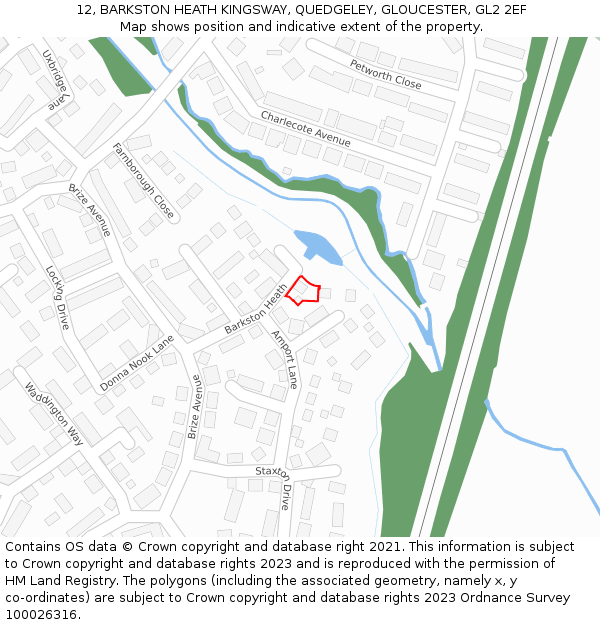 12, BARKSTON HEATH KINGSWAY, QUEDGELEY, GLOUCESTER, GL2 2EF: Location map and indicative extent of plot